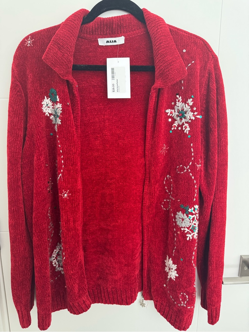Vintage Alia Red Embroidered Snowflake Zip Up Cardigan Sweater XL